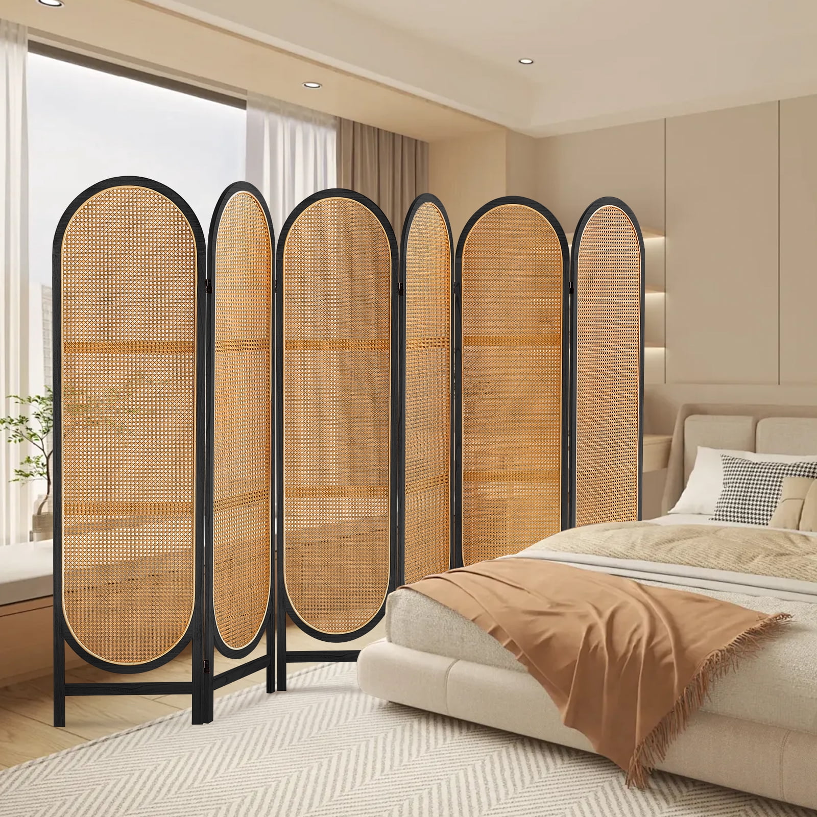 ALeesing 6 Panels Wood Rattan Room Divider, Folding Privacy Screens, No Installation, Light Brown