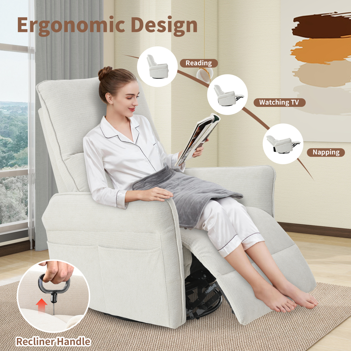 360° Swivel Rocker Recliner Chair, Swivel Nursery Rocking Chair w/Pull Lever, Glider Chair, Modern Rocking Swivel Recliner Chair for Bedroom, Living Room Chair Home Theater Seating