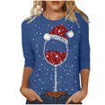 thumbnail image 1 of T-shirts à Col Roulé à Manches Longues pour Femmes en Verre Rouge de Noël, Imprimés, Col Rond, Trois Longs, T-Shirt pour Femmes à Manches Trois-Quarts, Décontracté, T-Shirt à Manches Longues pour Femmes, Haut de Superposition, 1 of 5