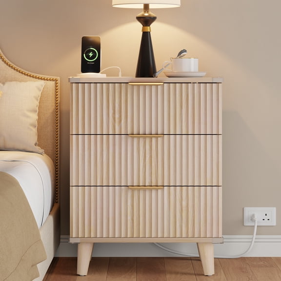 GIKPAL Night Stands for Bedroom, Modern Bedside Table with 3 Drawers & Charging Station,Fluted Panel End Tables for Bedroom & Living Room, Natural