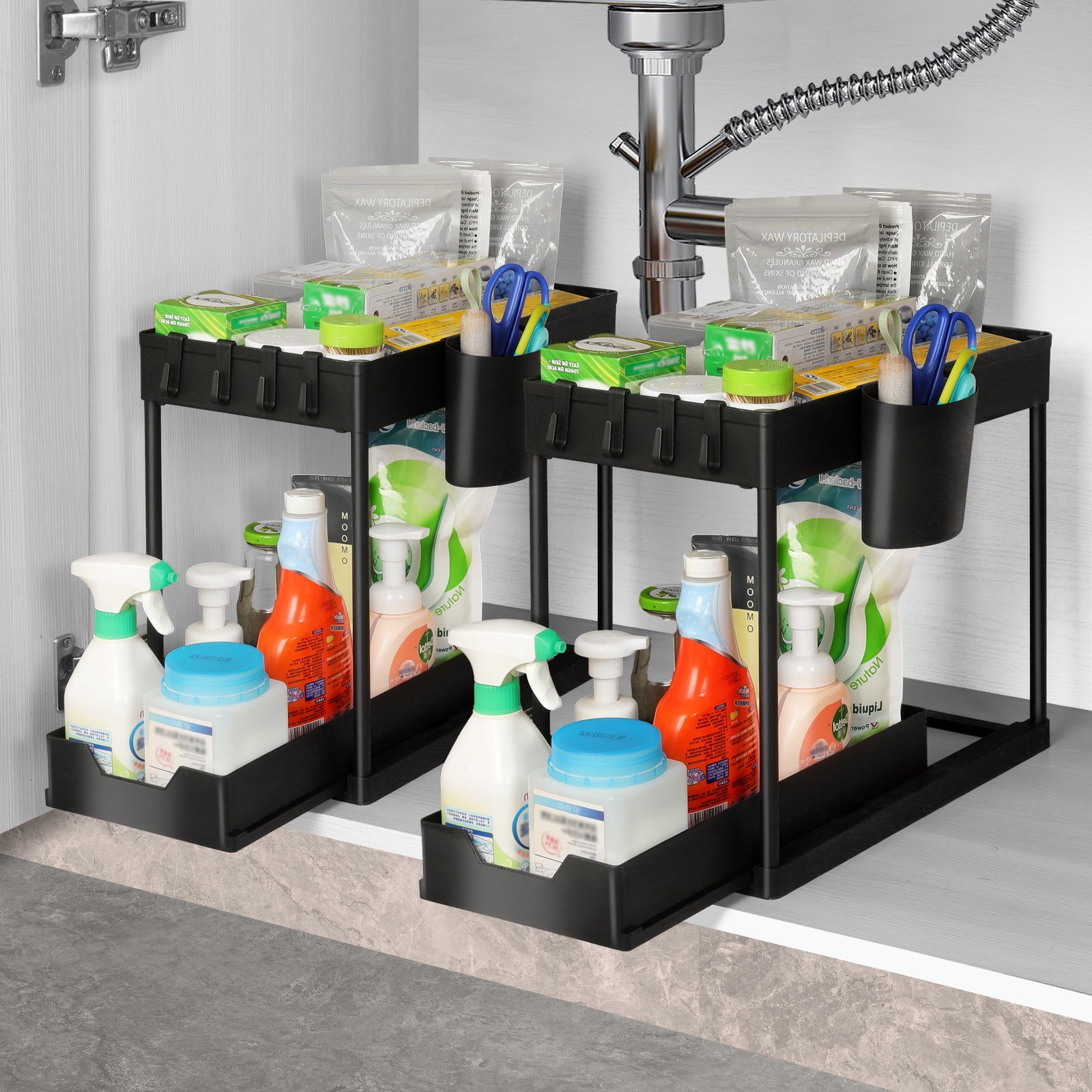 2 Pack Under Sink Organizers,  YUWENUS Sliding Under Bathroom Cabinet Organizer,  2 Tier Kitchen Cabinet & bathroom sink Organizer with 8 Hooks and 2 Hanging Cups