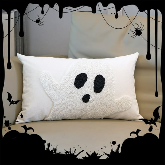 EazyTech White Ghost Embroidered Throw Pillow Covers for Halloween Decoration 18x18inch/12x20inch Cotton Pillow Cases Home Party Fall Decor Pillowcases Square Cushion Covers