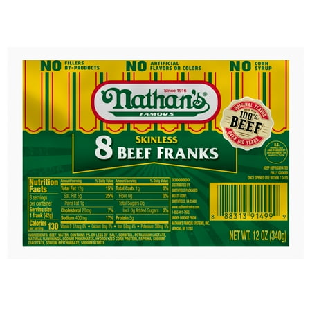 Nathan's Famous Skinless Beef Hot Dogs, 12 oz