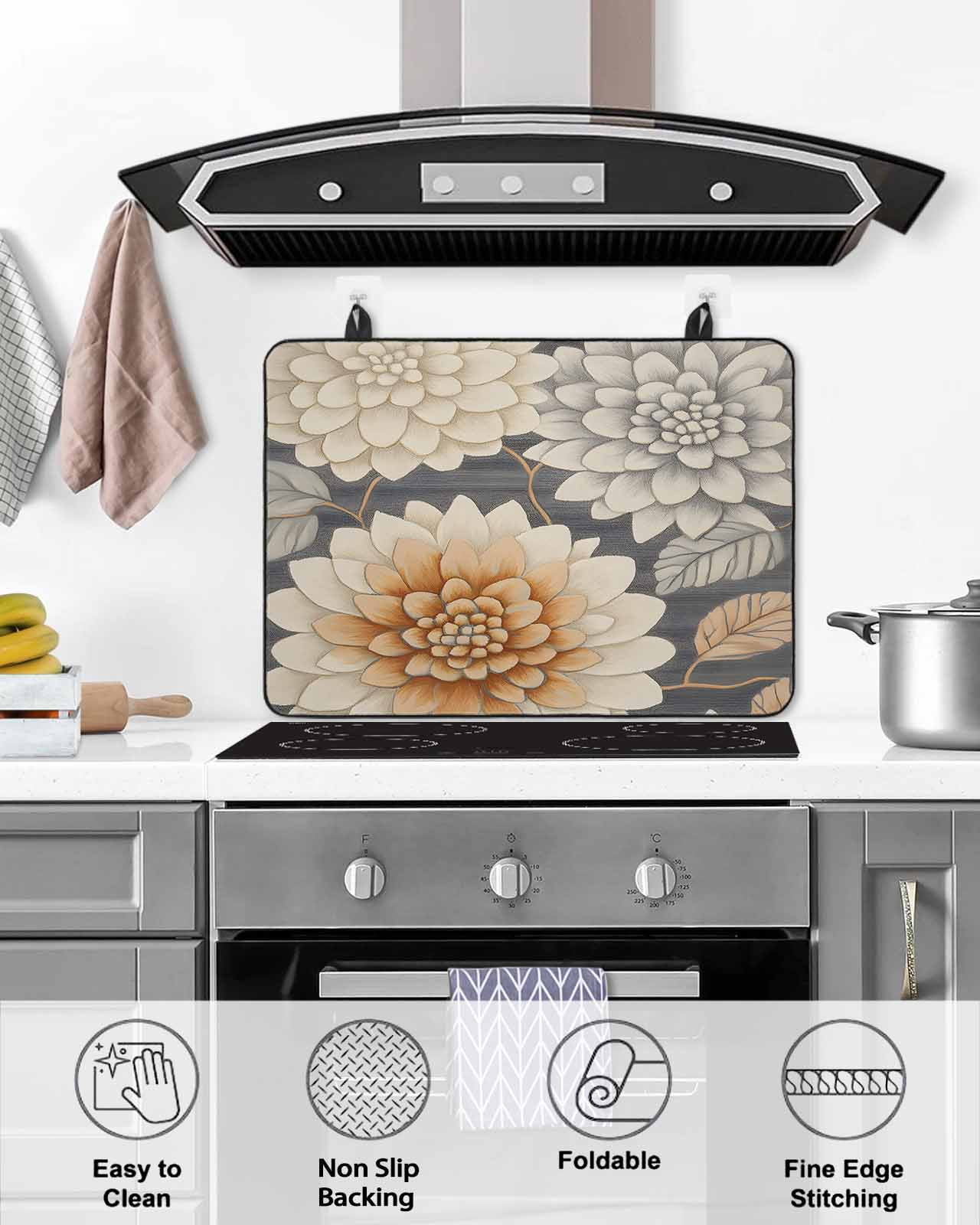 nqOlkjepod Large Induction Cooktop Protector Mat 24"x21", Burnt Orange Grey Flower Stove Top Covers for Electric Stove, Spring Floral Botanical Stove Burner Cover Mats, Glass Top Stove Cover