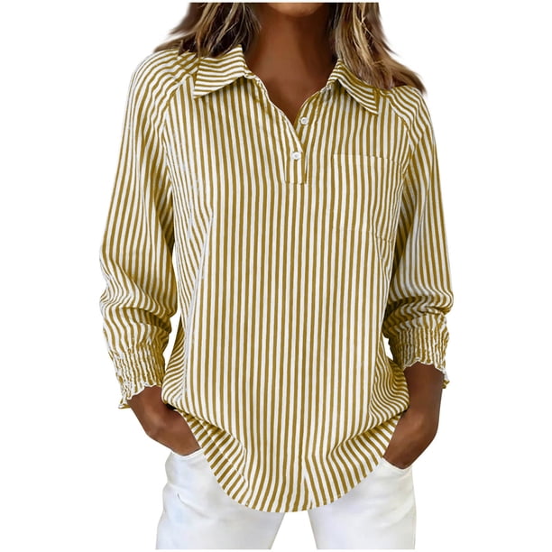 TaTaai Women Striped 3/4 Sleeve Office Shirt Classic Lapel Button Front Chest Pocket Soft Breathable Fabric Casual Versatile Work Daily Wear Blouse Gift