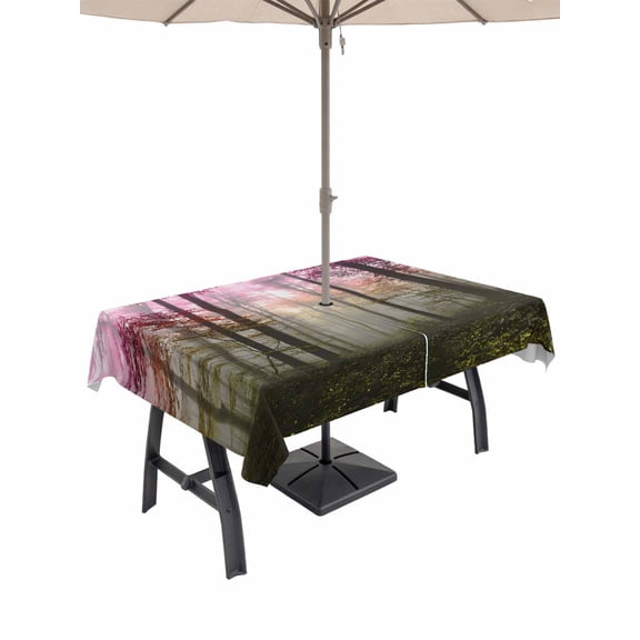 Outdoor Tablecloth with Umbrella Hole and Zipper, Pink Forest Rectangle Table Cloth 54x80 Inch Waterproof Tablecloth, Vintage Foggy Woods Tree Picnic Table Cover for Patio Camping