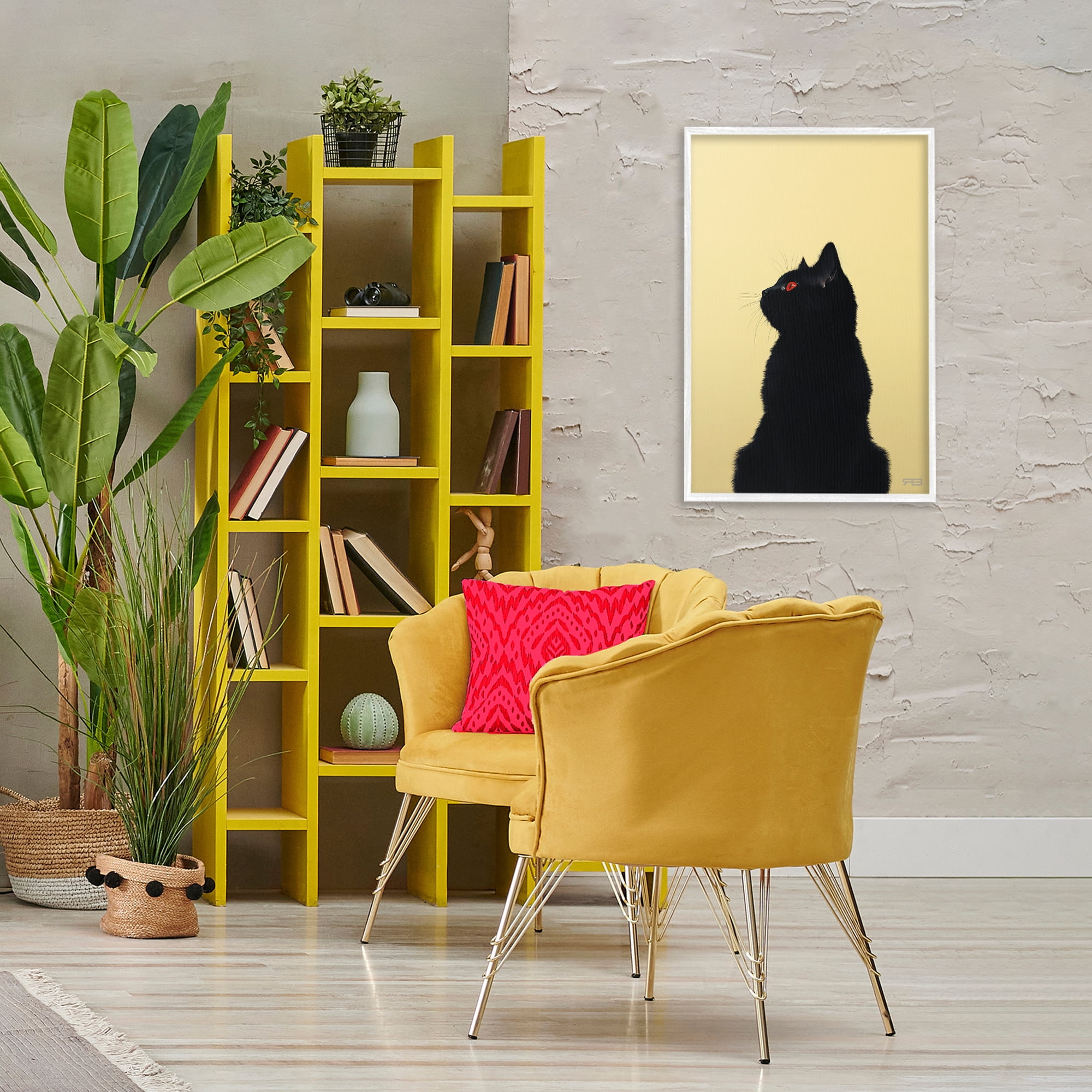 Stupell Industries Black Cat on Yellow Animals & Insects Painting White Framed Art Print Wall Art, 20 x 30