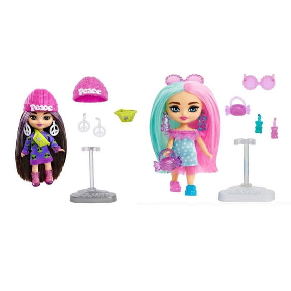 Bundle of 2 | Barbie Extra Mini Minis Doll - Brunette Doll w/ Alien Sweater Dress & Doll with Two-Tone Pink and Mint Hair Accessories