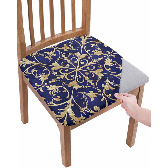 Abstract Blue Gold Chair Seat Covers for Dining Room Stretch Chair Seat Covers Set of 2, Luxurious Traditional Flower Leaf Chair Seat Protector Cushion Slipcovers for Kitchen Restaurant Office