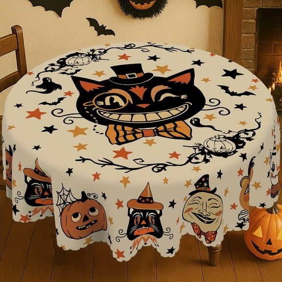 Halloween Tablecloth with Whimsical Ghosts, Pumpkins, Black Cats Bats Design Table Cover for Kitchen Dining Patio Garden Party Decor