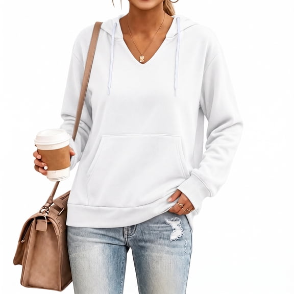 Women V Neck Hoodie Long Sleeve Casual Pullover Sweatshirt Relaxed Fit Hooded Top with Kangaroo Pocket