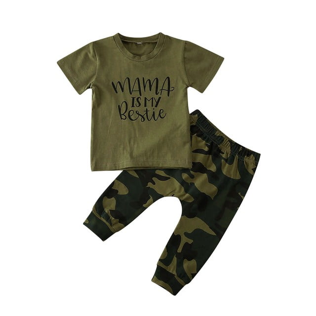 Toddler Baby Boy Girl Camo Pants Clothes Short Sleeve Letter Printed Tee T-Shirt 2pcs Camouflage Outfits Set 