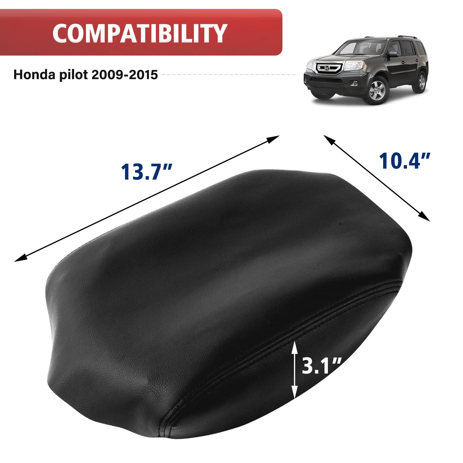 KBH Center Console Cover Lid Armrest Replacement for Honda Pilot 2009-2015, Car Arm Rest Upholstery Cover, Black (Leather Skin Only)