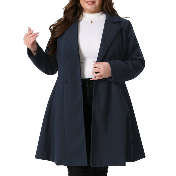 Abrigos de mujer de tallas grandes Agnes Orinda, abrigo de guisante de invierno de doble botonadura con solapa, abrigo tipo trench 4X azul oscuro