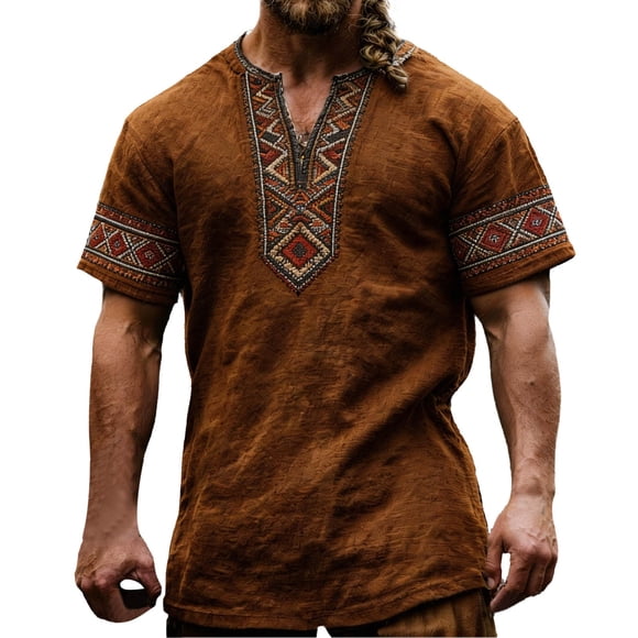 Medieval Viking T-Shirt for Men Ethnic Printed Summer Boho Short Tee Retro V Neck Cotton Linen Beach Hippie Shirt