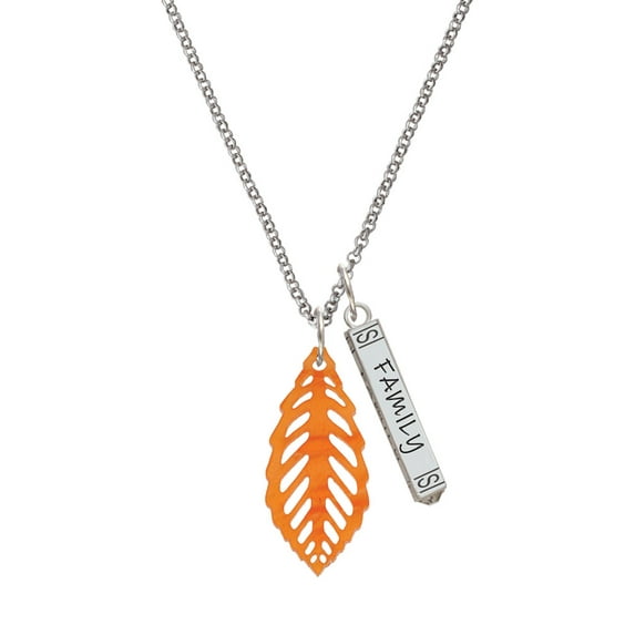 Delight Jewelry Acrylic Medium Leaf Pearly Orange Silvertone Family Bar Charm Necklace, 23"