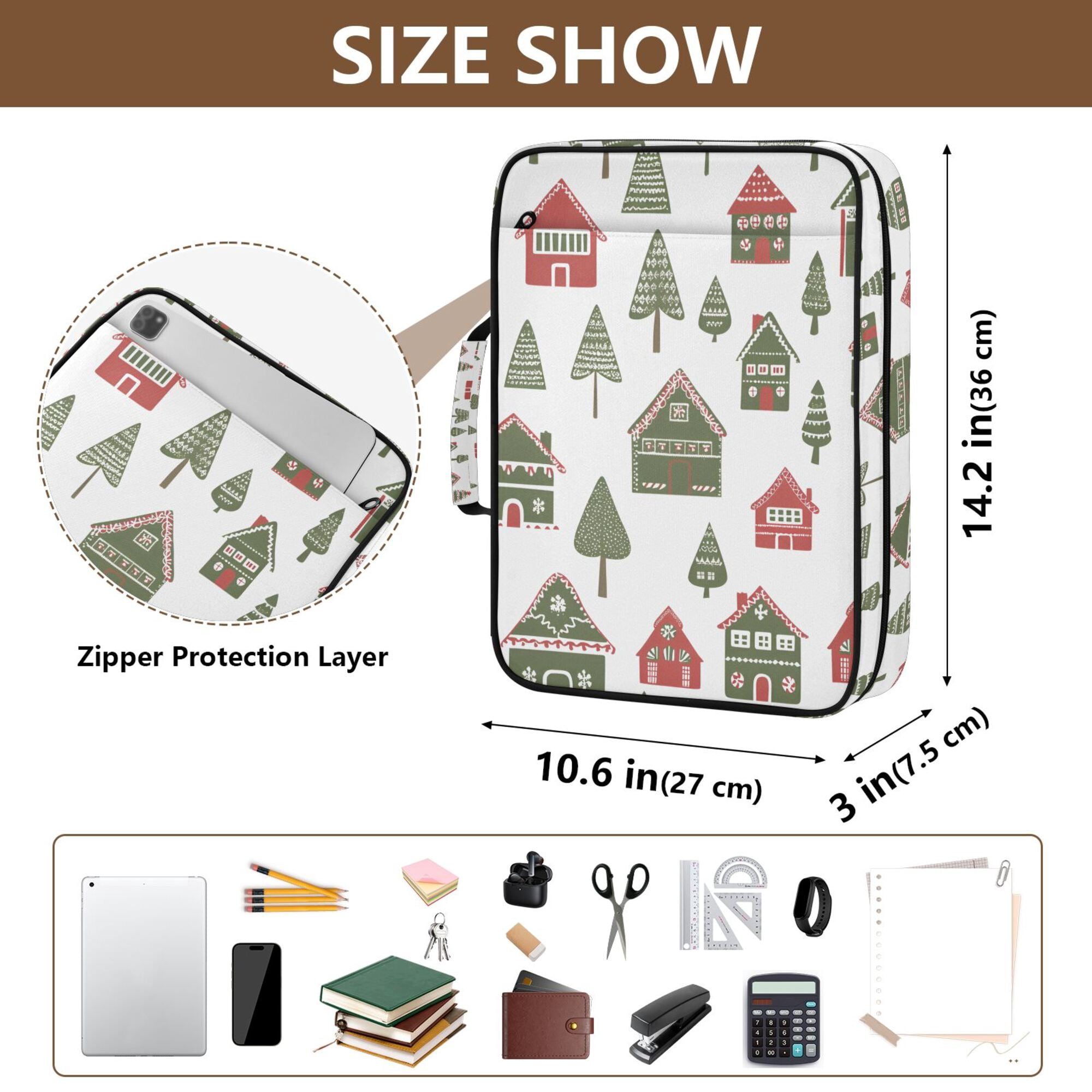 FORMRS Accordion File Folder A4 Size 7-Pocket Expanding Document Organizer Bag with 3 Ring Binder, Green Christmas House
