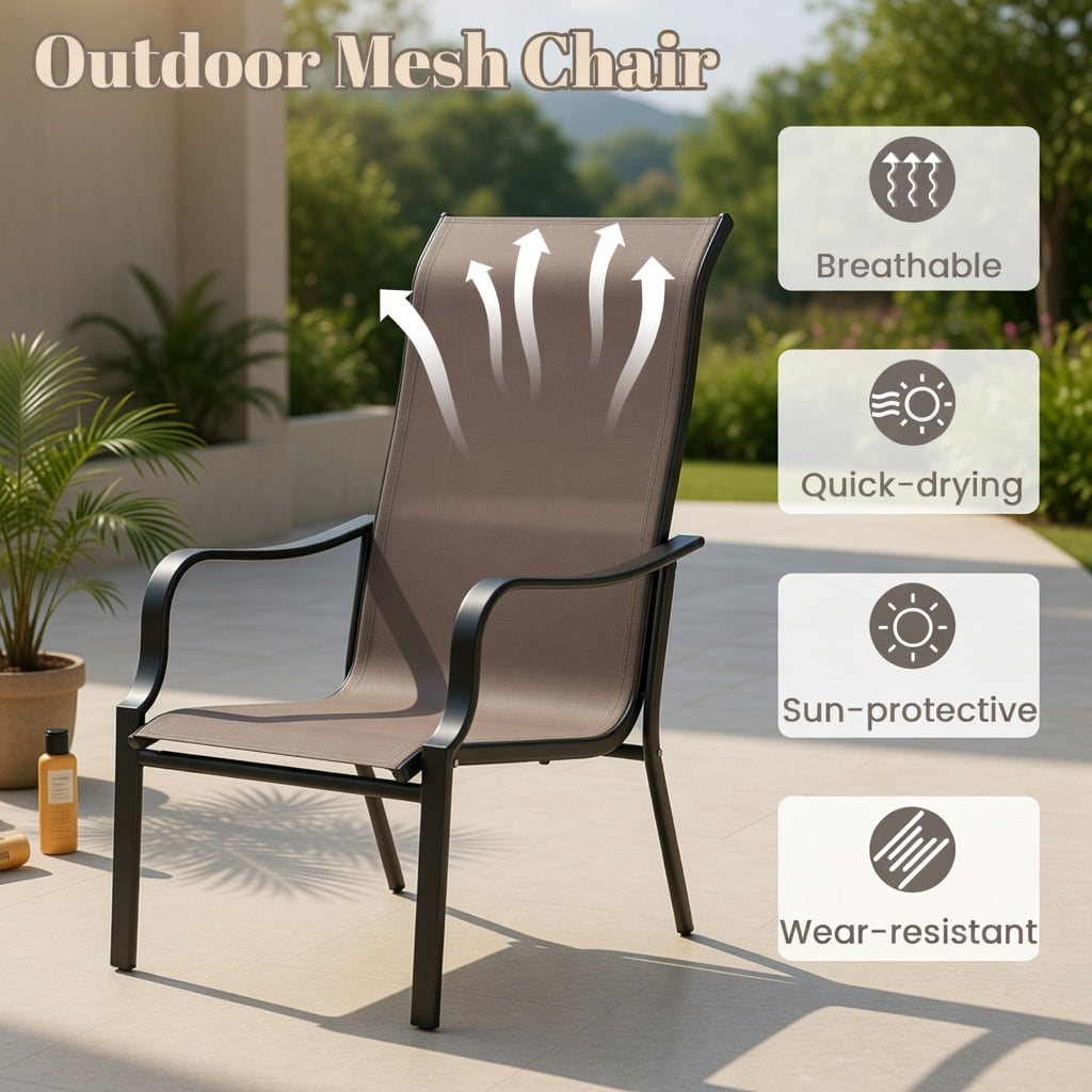 Hommoo 2-Pack Outdoor Dining Chairs, Wide Seat, Heavy-Duty Metal Frame, Breathable Mesh Back, Patio Chairs for Deck, Garden, Porch, Brown & Black