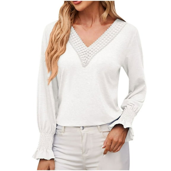 AherBiu Spring Causal Tops for Women Long Sleeve Crochet V Neck Comfy Loose Tshirt Tunic Blouse