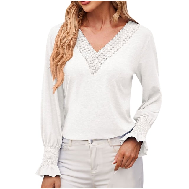 tarylea Tops for Women V Neck Elastic Ruffled Cinch Sleeve Blouse Solid Color Loose Tops Casual Dressy Trendy Fall Tops