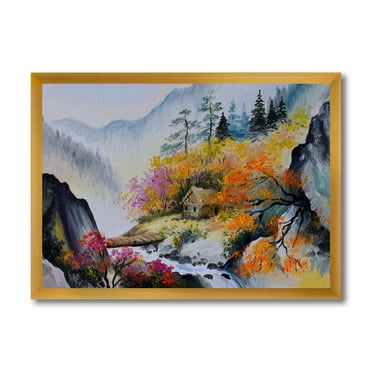 Designart 'VIbrant Mountain Landscape With Little House' Traditional Framed Art Print