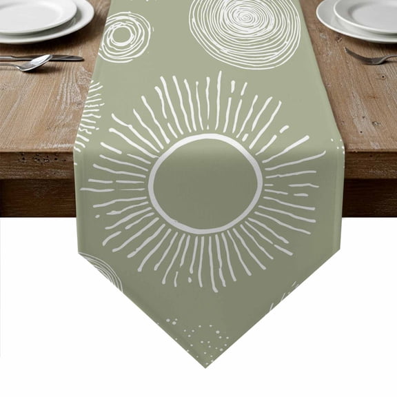 Geometric Table Runner Linen Burlap Table Runner 36 Inches Small Abstract Sage Green White Boho Circle Dot Dresser Scarves for Kitchen Island Coffee Dining Room Party Holiday Decoration 13"x36"