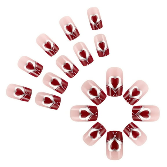 24 Pcs French Tip Stick on Nails Valentines Day Acrylic False Nails Mediums Square Press On Nails Heart Artificial Nails