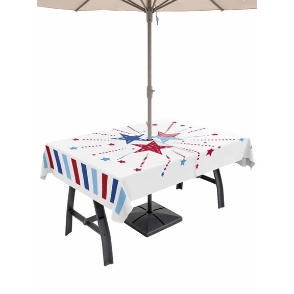 Outdoor Tablecloth with Umbrella Hole and Zipper, Independence Day Rectangle Table Cloth 52x70 Inch Waterproof Tablecloth, 4th of July Red Blue Striped Stars Patriotic Picnic Table Cover for Patio