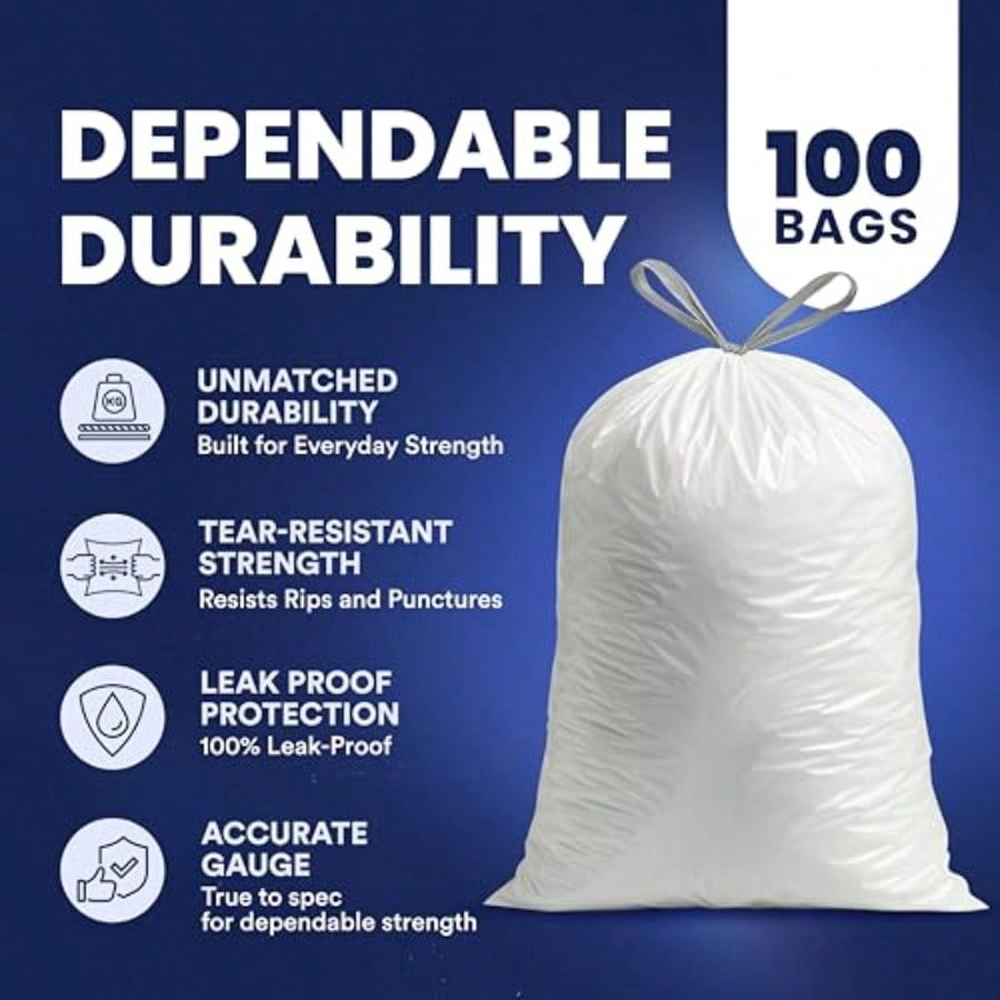 8 Gallon Trash Bags: Premium White Drawstring Garbage Bag, 0.7 Mil Thickness, Durable Trash Can Liners, Garbage Bags for your Trash Can, Ring Size 22" x 22" (Pack of 100)