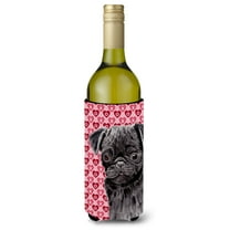 Pug Black Hearts Love and Valentines Day Portrait Wine Bottle Hugger