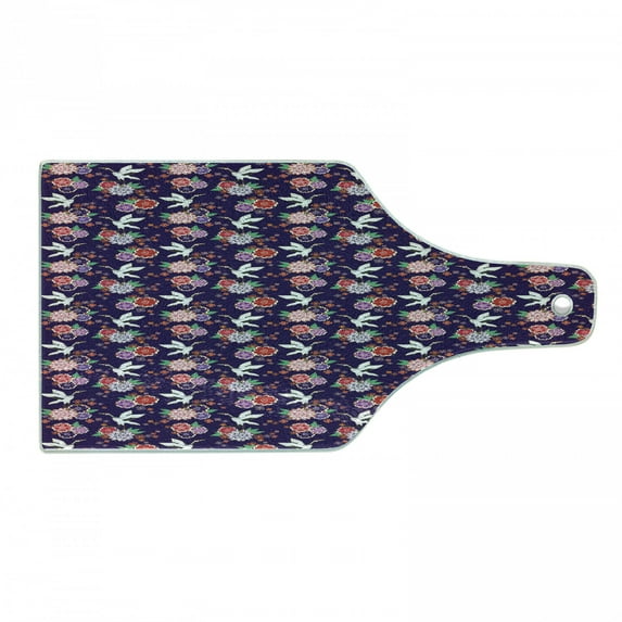 Birds Cutting Board, Style Floral Motifs with Flying Crane and Flowers on Nested Fish Scale Pattern, Decorative Tempered Glass Cutting and Serving Board, in 3 Sizes, by Ambesonne