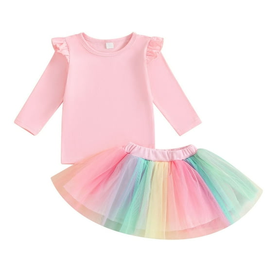 Odeerbi Toddler Girls Two Pieces Skirt Set Solid Color Tops Rainbow Tulle Tutu Skirt Set New Casual Baby Sweet Cute Solid Color Flying Sleeve Top Colorful Mesh Short Skirt Set Pink