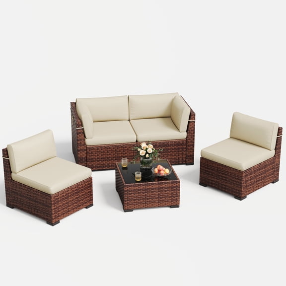 MRUAKA 5 Pieces Patio Conversation Set, Outdoor Sectional PE Rattan Wicker Furniture Seat,Beige