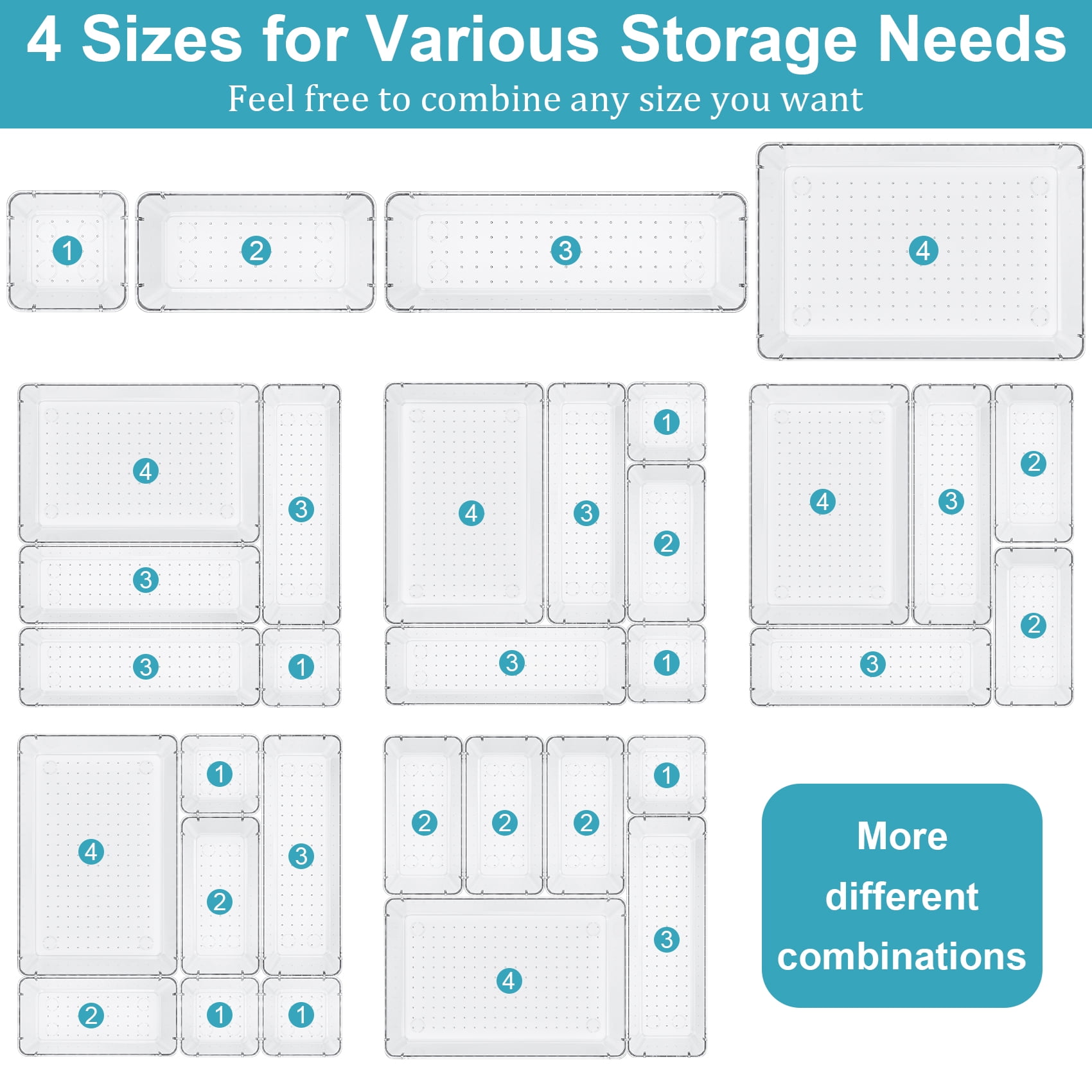 28 PCS Clear Plastic Stackable Drawer Organizer Bins, Multi-Size Drawer Vanity Organizers for Cosmetics, Jewelry Home Storage