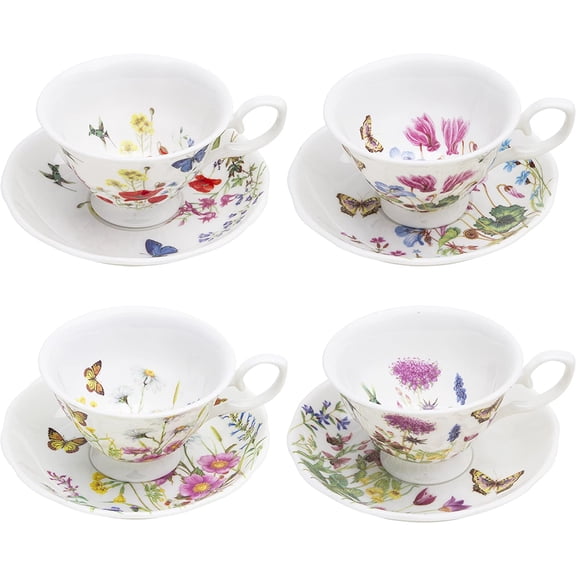 Purple Pansy Bone China - Cup and Saucer - Set of 4