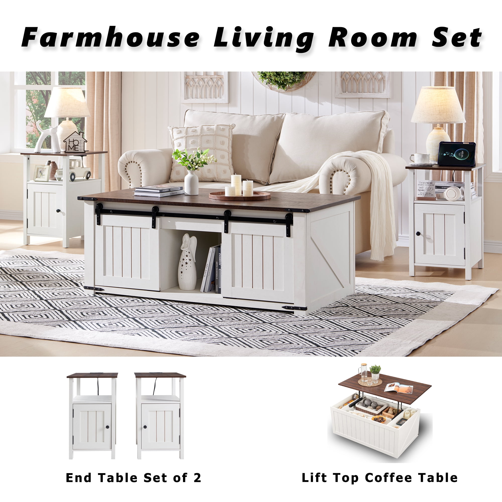 SinCiDo Farmhouse Nightstand Set of 2 with Charging Station, Barn Door & Open Shelves, White Wood