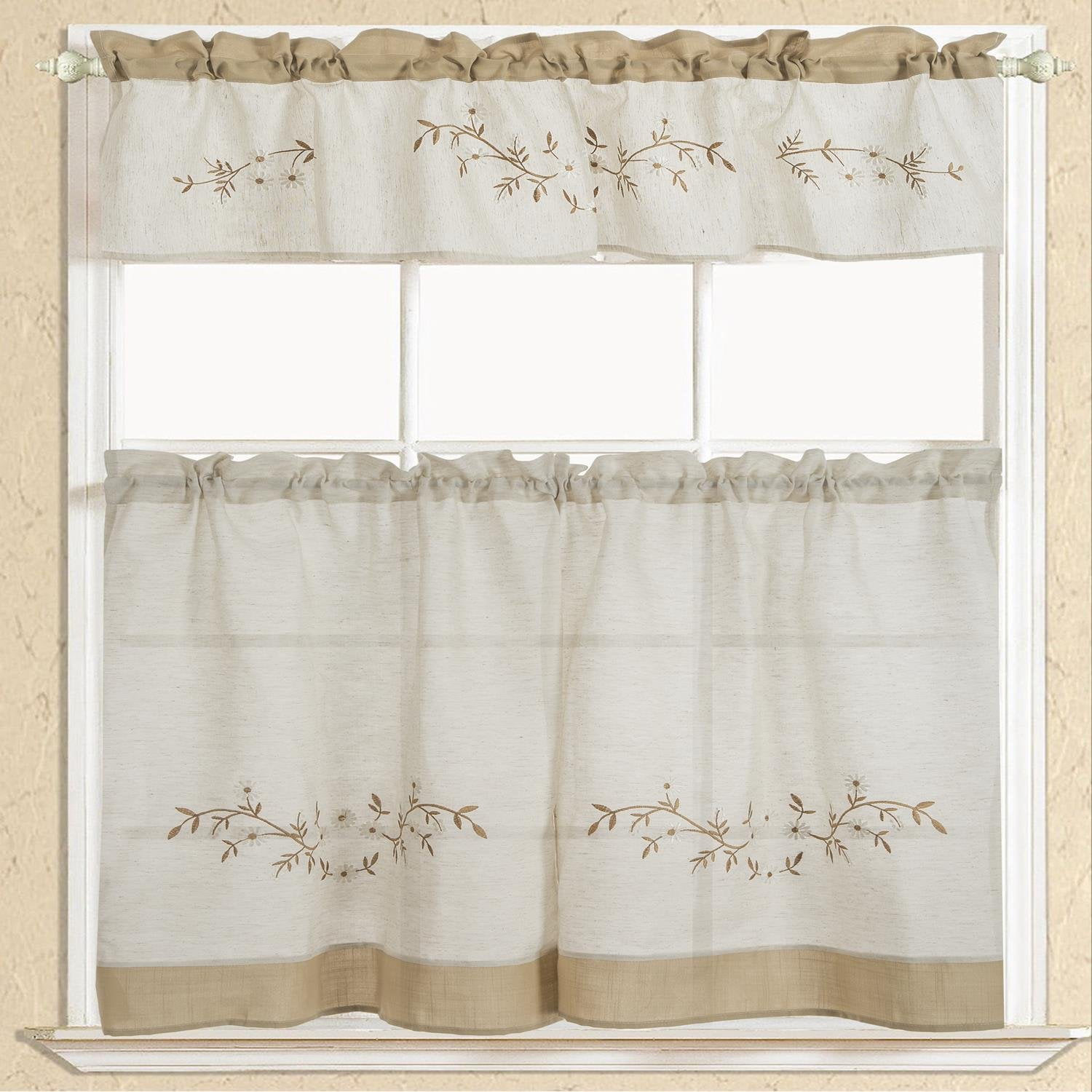 Rustic Embroidered Floral Tier and Valance Kitchen Curtain Set