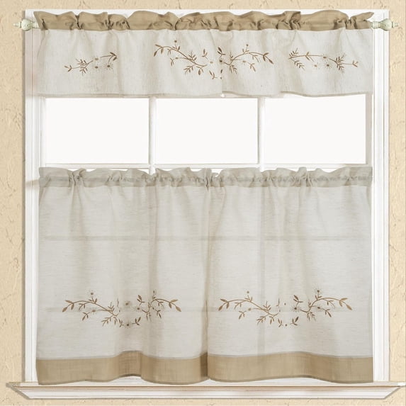Rustic Embroidered Floral Tier and Valance Kitchen Curtain Set