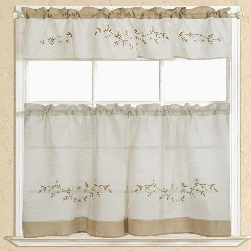 Rustic Embroidered Floral Tier and Valance Kitchen Curtain Set
