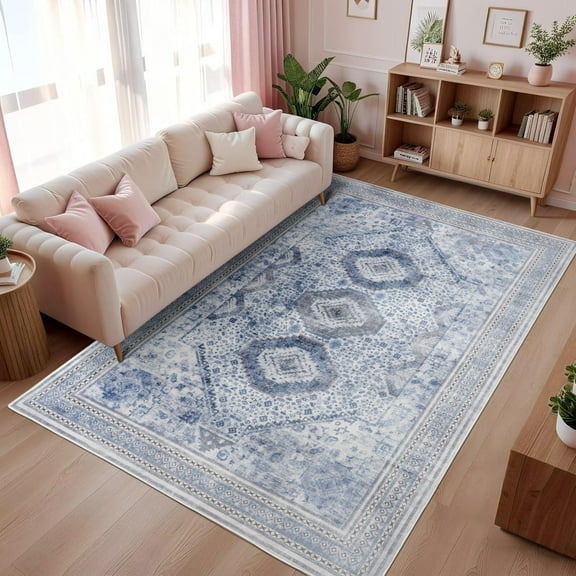 Wondo 6x9 Area Rugs for Living Room, Washable Area Rug, Rugs for Bedroom, Kitchen Rugs, Vintage Boho Carpet, Soft Non-Slip, Low Pile Large Area Rug for Office Dining Room, Light Blue