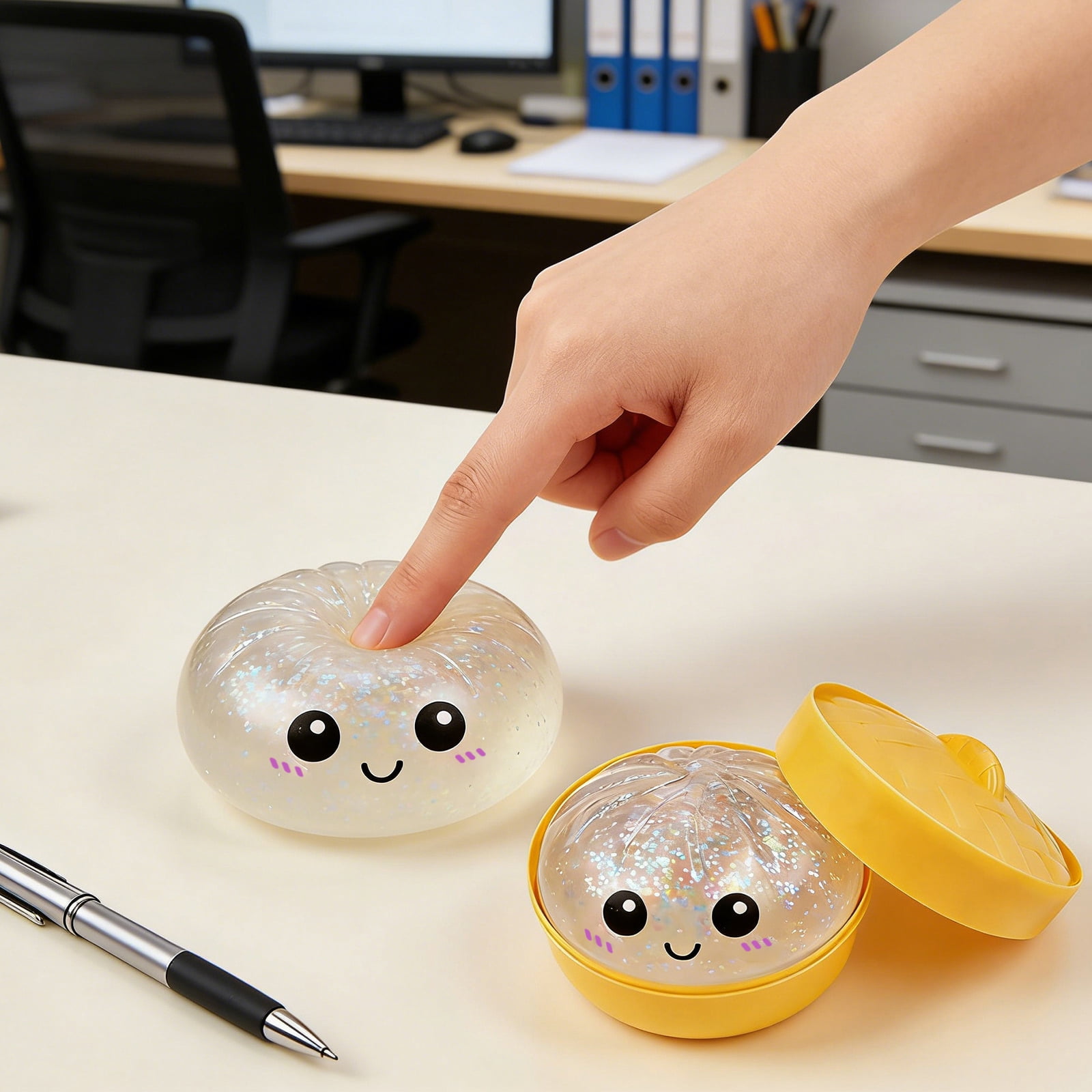 Glitter Colorful Dumpling Squishy, Cute Squishy Dumpling Large with Steamer, Squishy Dumpling Doll with Cute Expressions, Silicone Bun Sensory Fidget Dolls, Hand Pinching Decompression Dolls