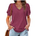 thumbnail image 1 of Camiseta de manga soplada para mujer, blusa de manga corta con cuello en V, informal, holgada, de Color puro, para citas, 1 of 5