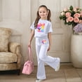thumbnail image 2 of Rhuody Ensembles pour Filles Rentrée des Classes Imprimés de Dessins Animés Manches Courtes Survêtement Col Rond Hauts Pantalons Évasés Mignons Vêtements de Printemps Blanc 7-8 Ans, 2 of 5
