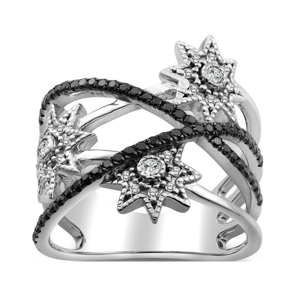 ARAIYA FINE JEWELRY 10K White Gold Black and White Diamond Star Band Ring (1/2 cttw, I-J and Black Color, I2-I3 Clarity), Size 7