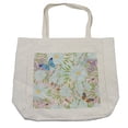 thumbnail image 1 of Floral Shopping Bag, Butterflies Bees and Blooming Flowers in Spring Colors Happy Fresh Feelings, Eco-Friendly Reusable Bag for Groceries Beach and More, 15.5" X 14.5", Cream, by Ambesonne, 1 of 2