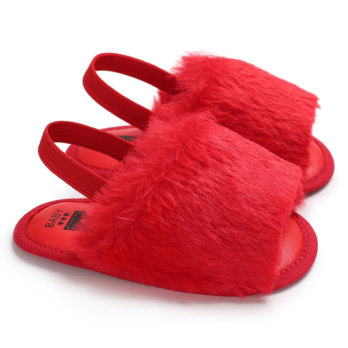red faux fur slippers