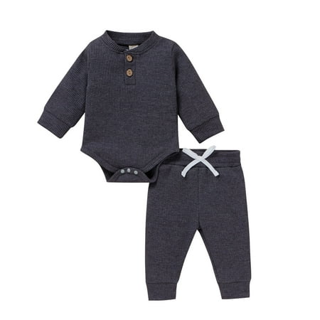 LMTODLFG Baby Boy Clothes Baby Boys Girls Long Sleeve Solid Romper Bodysuit+Pants Outfits Summer Sets Baby Boy Clothes 0-3 Months Grey 18-24 Months