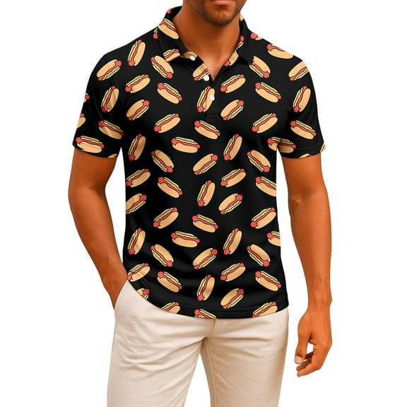 Polo T Shirts for Men Casual Short Sleeve Hot Dog Printed Button Down Collared Tops Comfortable Breathable Slim T Shirts for Man Black L