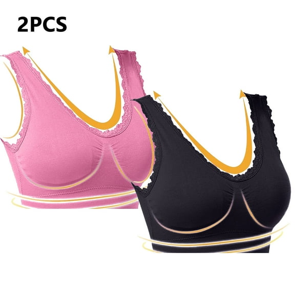 Lovskoo 2Pc Women's Sports Bra Lace Cami Bra Wireless Tank Top Bra Comfortable Everyday Bras For Women Leisure Hot Pink