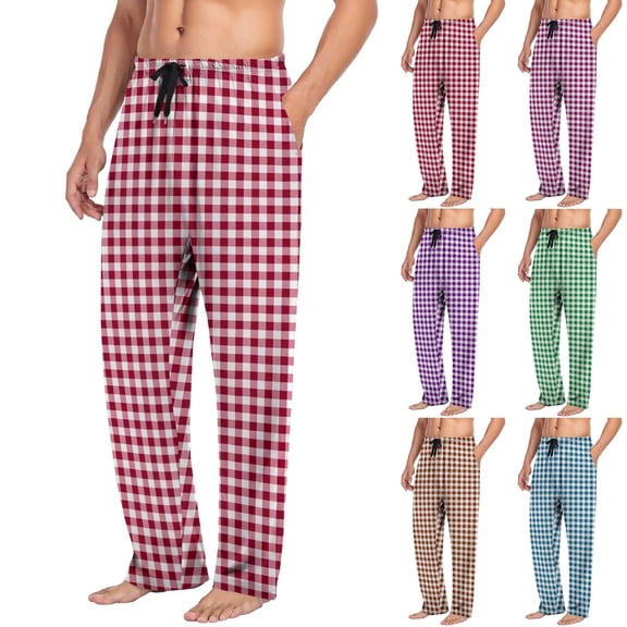 Yourumao Mens Gingham Plaid Pajama Pants Straight Leg Sleep Pant Drawstring Elastic Waist Comfy Lounge Pj Bottoms with Pockets